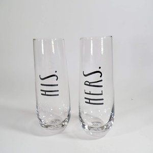 Rae Dunn His. & Hers. Stemless Flutes Wedding Clear Black Font 10 Fl Oz